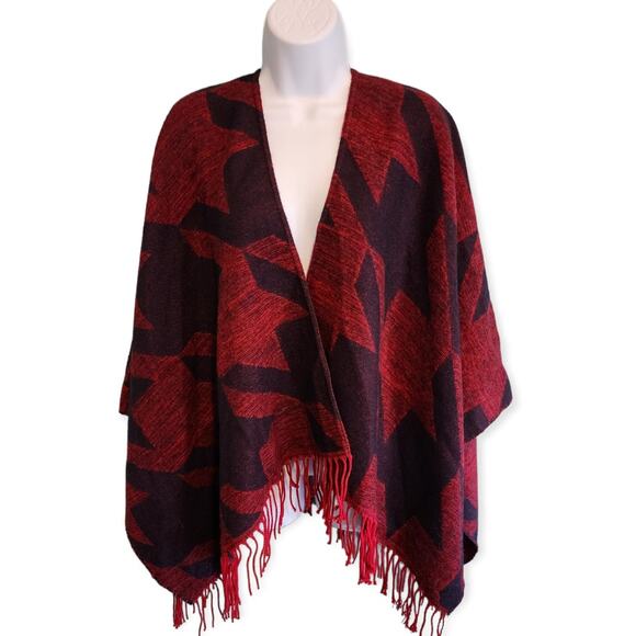 Maje Southwestern Fringed Shawl Red Wool Blend Houndstooth Poncho
